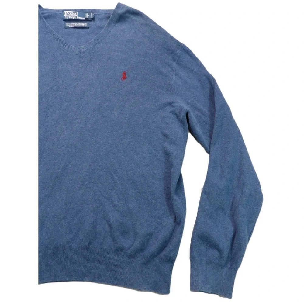 Polo by Ralph Lauren V Neck Sweater Men L Blue Pima Cotton Pony Classic Pullover